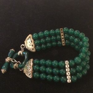 Triple strand green agate & white topaz bracelet.